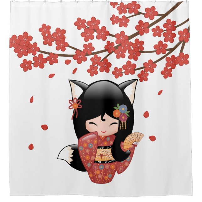Kitsune Kokeshi Doll Black Fox Geisha Girl Red (Front)