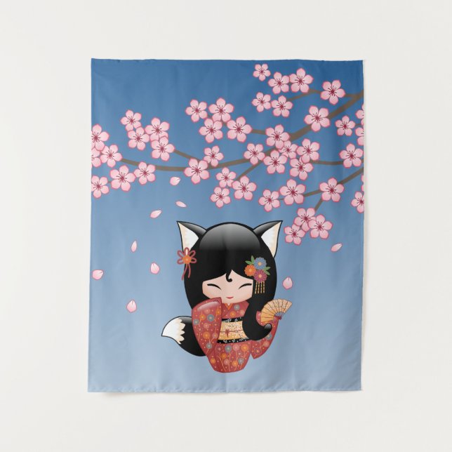 Kitsune Kokeshi Doll - Black Fox Geisha Girl Tapestry (Front)