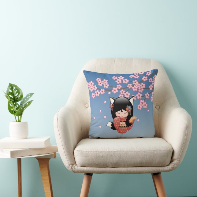 Kitsune Kokeshi Doll - Black Fox Geisha Girl Throw Pillow (Chair)
