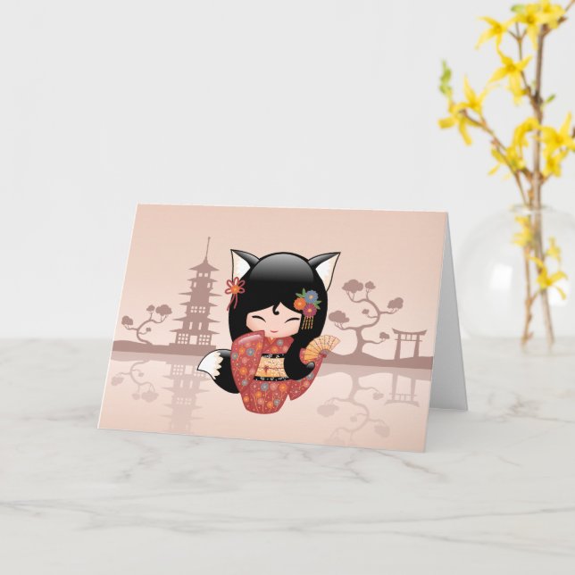 Kitsune Kokeshi Doll - Cute Black Fox Girl Card (Yellow Flower)