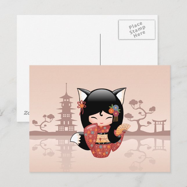 Kitsune Kokeshi Doll - Cute Black Fox Girl Postcard (Front/Back)