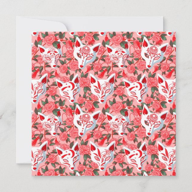 Kitsune masks and blooming camellia on pink card (Front)