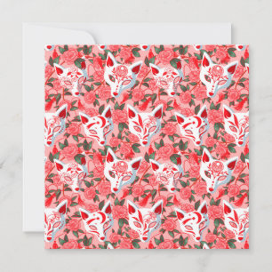 Kitsune masks and blooming camellia on pink card