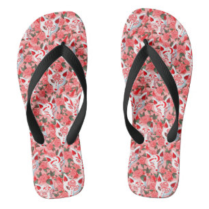 Kitsune masks and blooming camellia on pink flip flops