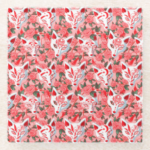 Kitsune masks and blooming camellia on pink glass coaster
