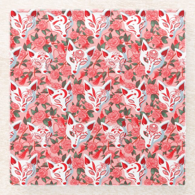 Kitsune masks and blooming camellia on pink glass coaster (Front)