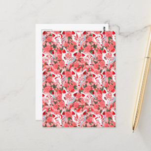 Kitsune masks and blooming camellia on pink postcard