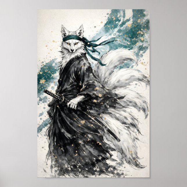 Kitsune Nine Tailed Fox Samurai Ink Wash Art Poster (Front)