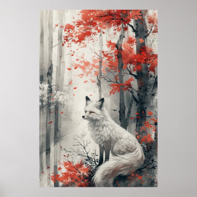 Kitsune Spirit – Japanese Fox in Blossom Forest Poster (Front)
