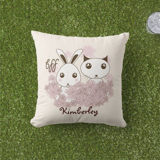 Kitten and Bunny Animal Friends Girls Kids Throw Pillow (Grass)