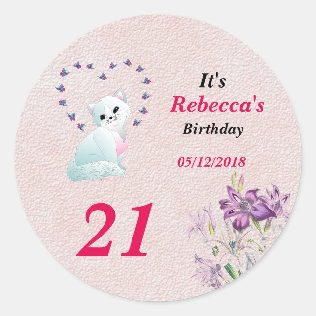 Kitten and Butterfly Birthday Party Classic Round Sticker (Front)