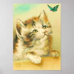 Kitten And Butterfly Vintage Poster