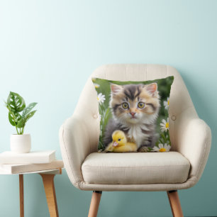 Kitten and Duckling In Daisies Throw Pillow
