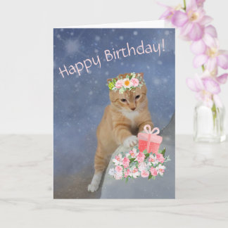 Kitten and Flowers Birthday Folded Greeting Card