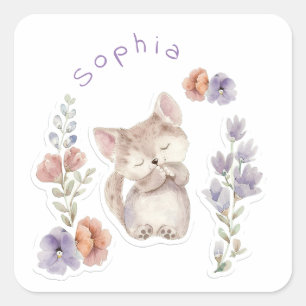 Kitten and flowers, personalized square sticker