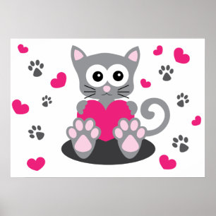 Kitten and Hearts Poster
