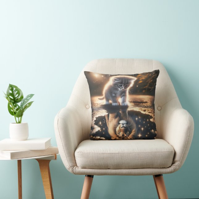 Kitten and Lion Puddle Reflection Throw Pillow (Chair)