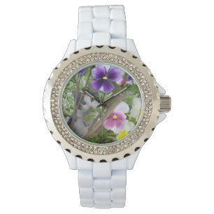 Kitten And Pansies White Sparkle Watch. Watch