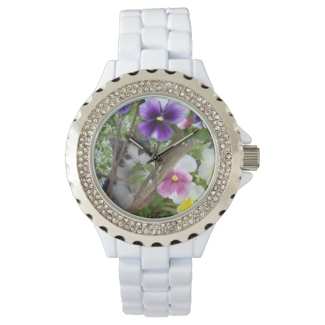 Kitten And Pansies White Sparkle Watch. Watch (Front)