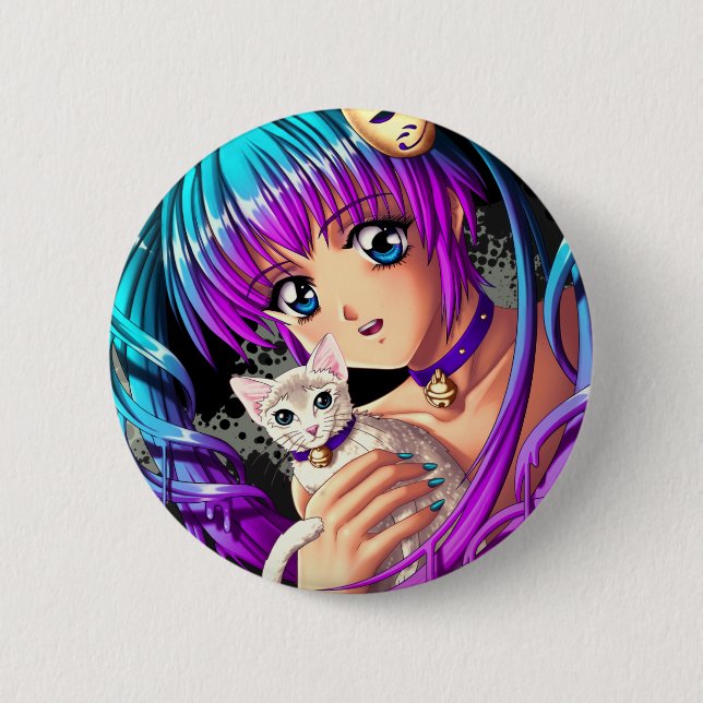 Kitten and Pigtail Manga Girl 2 Inch Round Button (Front)