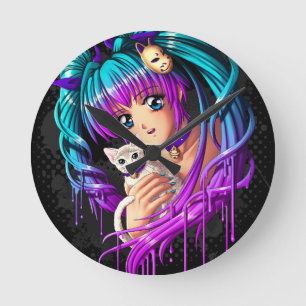 Kitten and Pigtail Manga Girl Round Clock