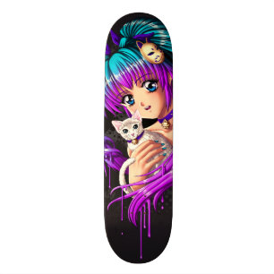 Kitten and Pigtail Manga Girl Skateboard