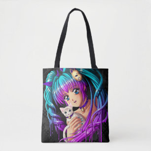 Kitten and Pigtail Manga Girl Tote Bag