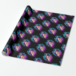 Kitten and Pigtail Manga Girl Wrapping Paper