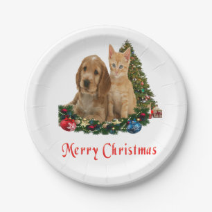 KItten and puppy Christmas paper plates