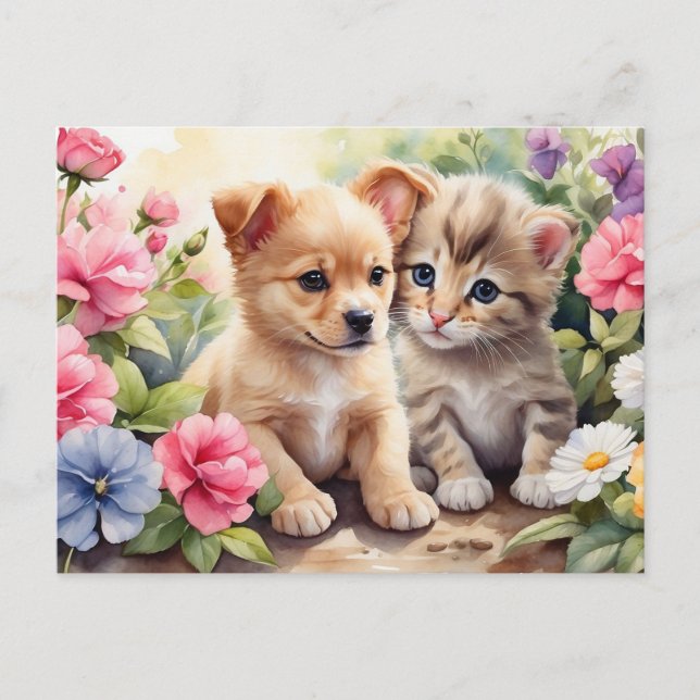 Kitten and Puppy in the Flower Garden Illustration Postcard (Front)