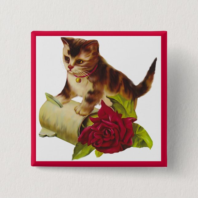 Kitten and Rose 2 Inch Square Button (Front)