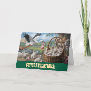 Kitten and Stork New Baby Congratulations Card