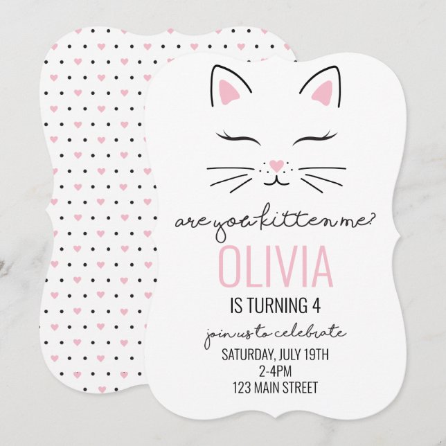 Kitten Anniversaire Invitation avec coeur rose kit (Devant / Derrière)