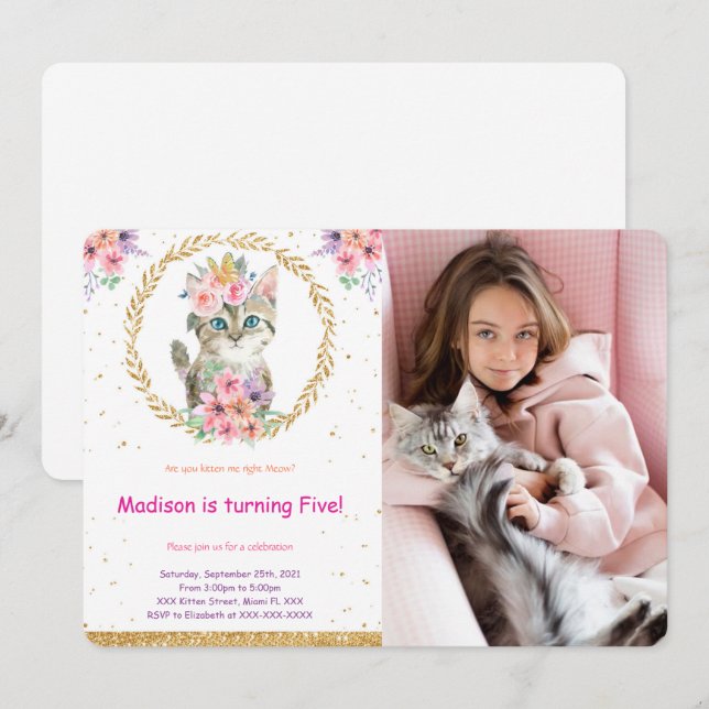 Kitten Anniversaire Photo Invitation (Devant / Derrière)