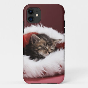 Kitten asleep in Christmas hat iPhone 11 Case