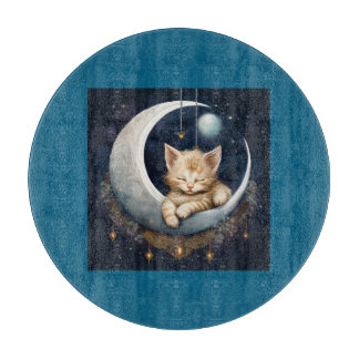 Kitten Asleep On Crescent Moon Object Cutting Board