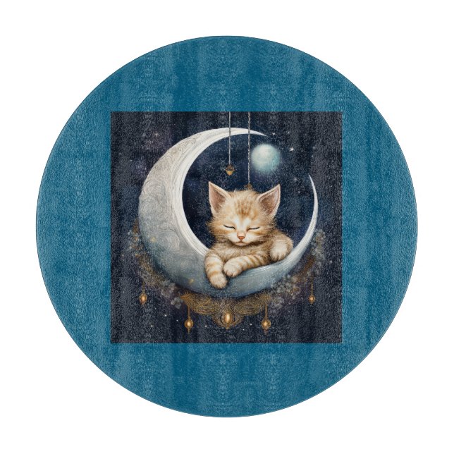 Kitten Asleep On Crescent Moon Object Cutting Board (Front)