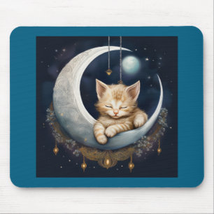 Kitten Asleep On Crescent Moon Object Mouse Pad