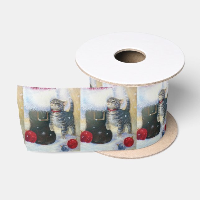 Kitten at Santa's Boot Satin Ribbon (Spool)