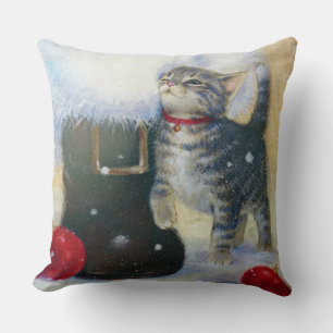 Kitten at Santa's Boot Throw Pillow