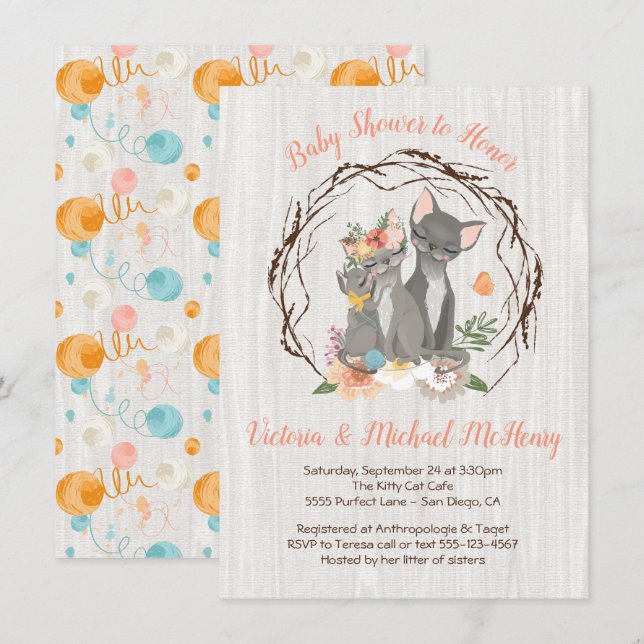 Kitten avec maman et papa Invitations Baby showers (Devant / Derrière)