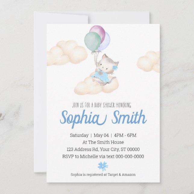 Kitten Baby Girl Baby Shower Balloons Clouds Invitation (Front)