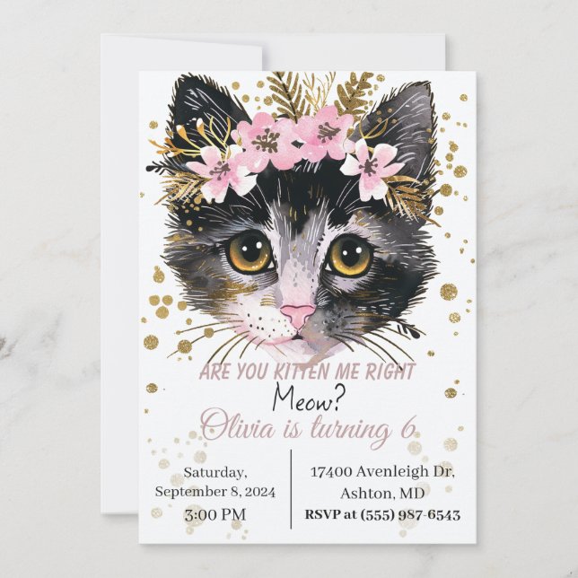Kitten birthday invitation , cat pawty party  (Front)