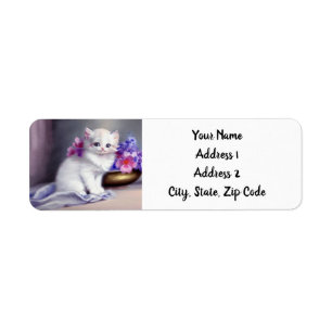Kitten blanc vintage aux fleurs roses et violettes