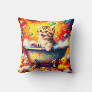 Kitten Bubble Bath Throw Pillow