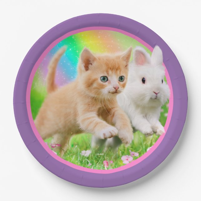 Kitten & Bunny with Rainbow Paper Plate (Front)