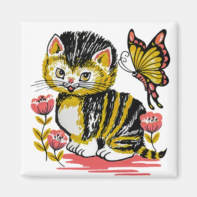 Kitten Butterfly 2 Inch Square Refrigerator Magnet (Front)