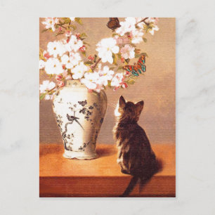 Kitten, Butterfly and Flowers Postcard