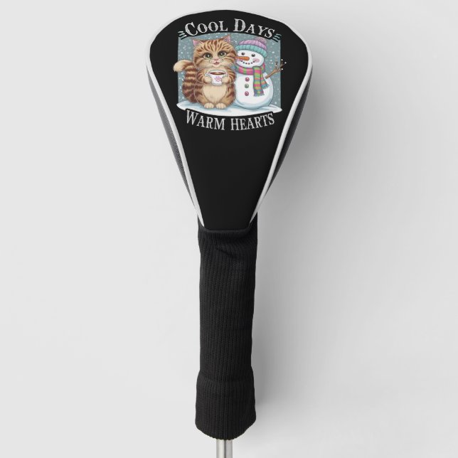 Kitten Cat and Snowman Friends Share Coffee Winter Golf Head Cover (Front)