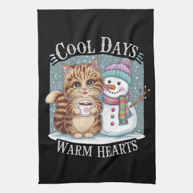 Kitten Cat and Snowman Friends Share Coffee Winter Kitchen Towel (Vertical)